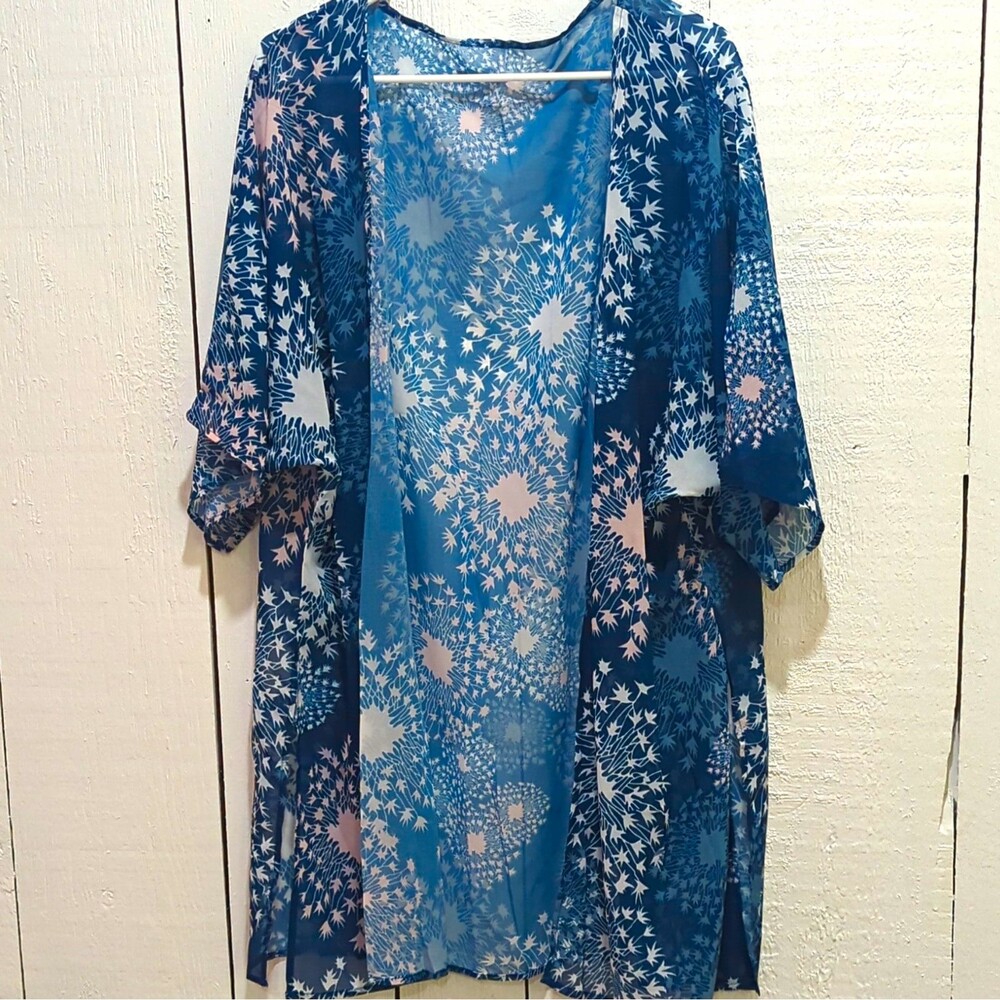 Womens Blue/White Floral Sheer Lightweight Open-Front Kimono Top  Size L